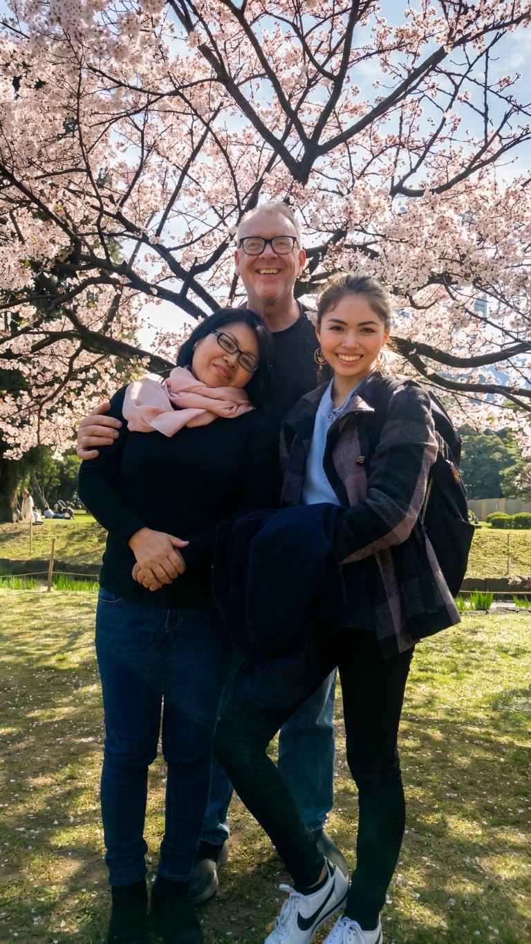 Three people smiling together beneath a cherry tree in full blossom, on a lawn in spring sunshine.